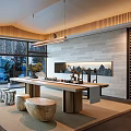 Zen Tea Room Interior Design With Wooden Table Stools Large Windows And Landscape Painting