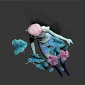 Pink Haired Woman In White Top Blue Pants With Blue Leaves Pink Flowers Water Droplets