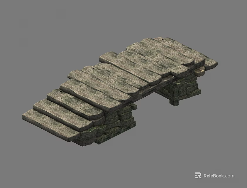 Rustic Wooden Plank Bridge Structure With Stone Piers And Pathway Design 3d model