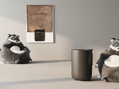 Raccoon Shaped Bean Bag Chairs in Room With Wall Art Floor Vase And Neutral Background 3d model