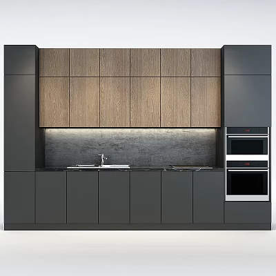 Modern Kitchen Cabinets With Dark Gray And Wooden Design Sink Countertop And Oven 3d model