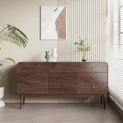 Modern Wooden Entryway Console Cabinet With Drawers Decorative Figurines Green Plant And Wall Art 3d model