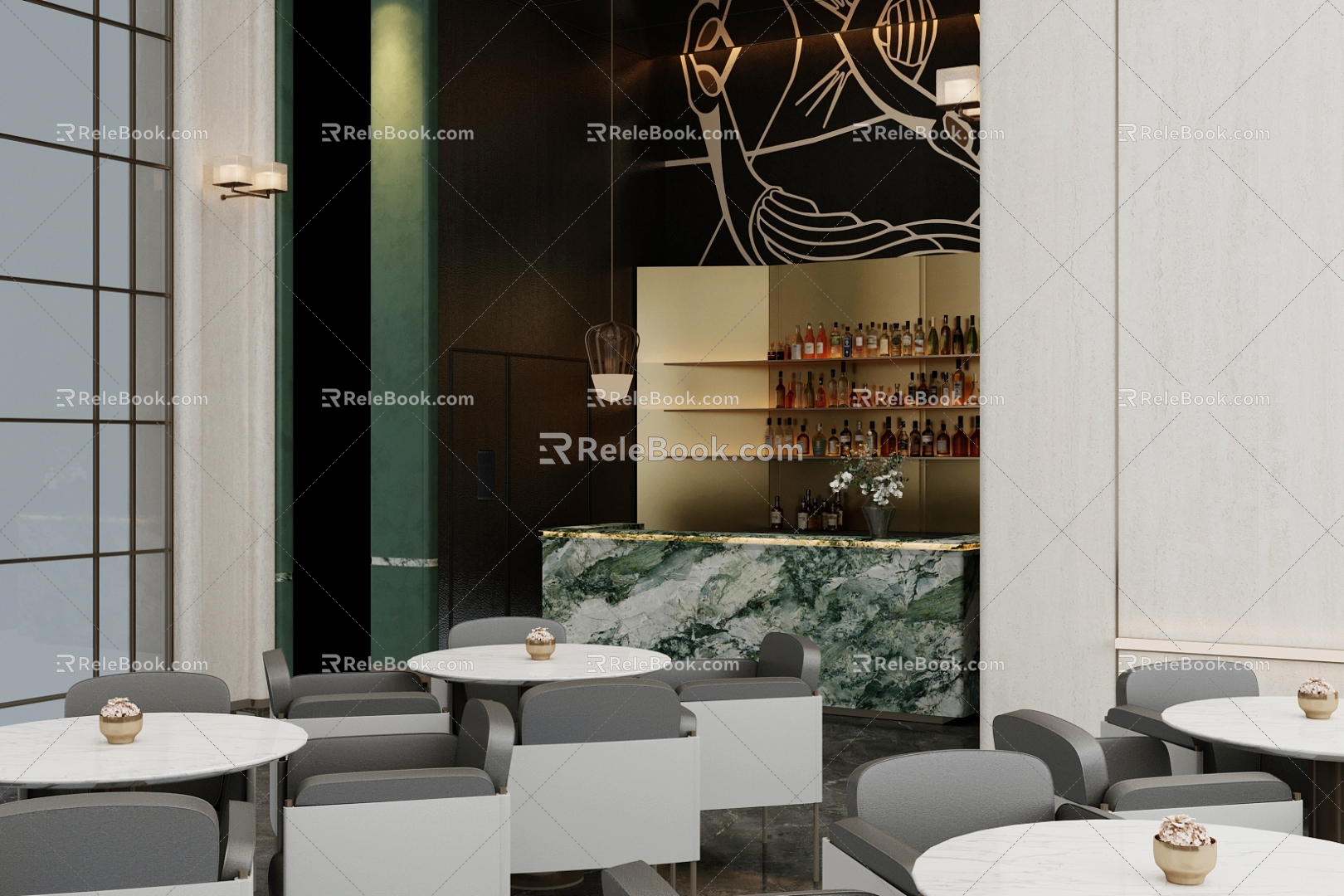 Modern Light Luxury Sales Office Sales Office Negotiation Area Sales Office Water Bar Area Marble Bar Metal Wine Rack Negotiation Table and Chair 3d model