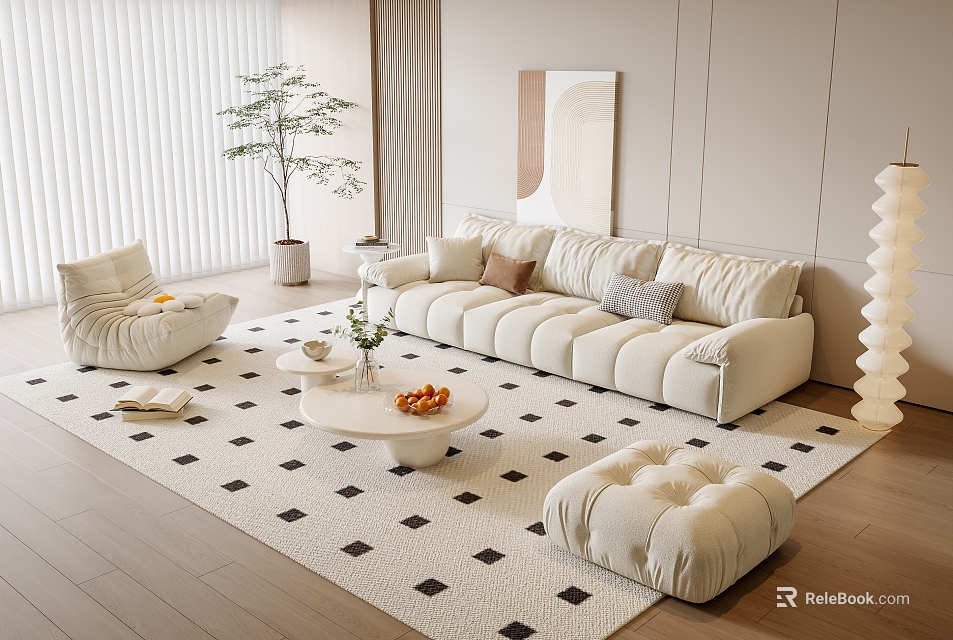 Modern Beige Sofa And Coffee Table Set With Plush Cushions Round Table And Area Rug 3d model 