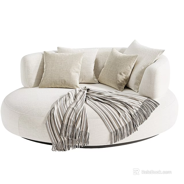 Cozy Round Cream Single Sofa With Beige Cushions And Striped Blanket 3d model 