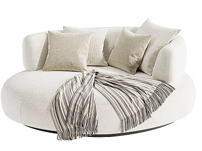 Cozy Round Cream Single Sofa With Beige Cushions And Striped Blanket 3d model