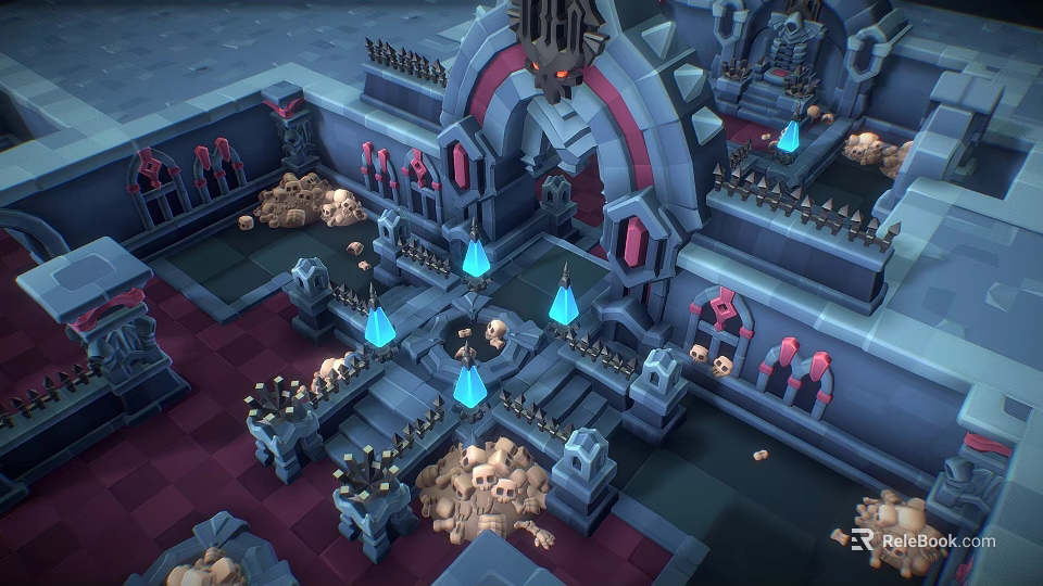 Cartoon Scene Of Dark Fantasy Architecture With Blue Crystals And Skull Piles 3d model 
