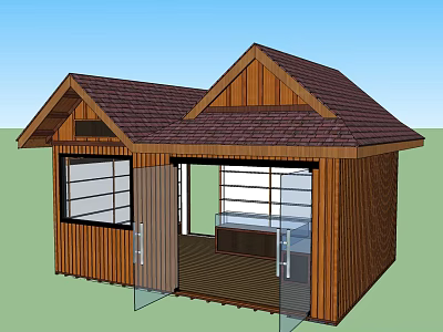 Wooden Cabin Exterior Design With Sloped Tile Roof Wooden Siding And Glass Doors 3d model