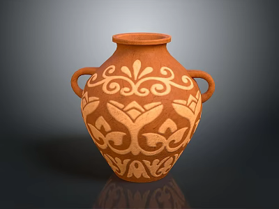 Reddish Brown Terracotta Vase With Two Handles And Intricate Floral Patterns 3d model