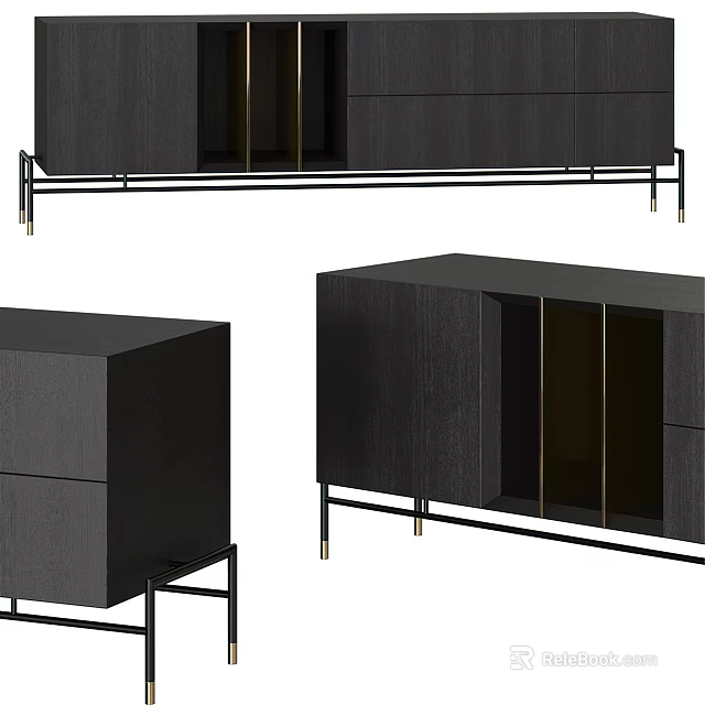 Sleek Black Modern TV Stand With Metal Legs Glass Doors And Gold Accents Storage Design 3d model 