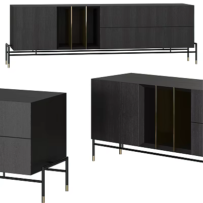 Sleek Black Modern TV Stand With Metal Legs Glass Doors And Gold Accents Storage Design 3d model