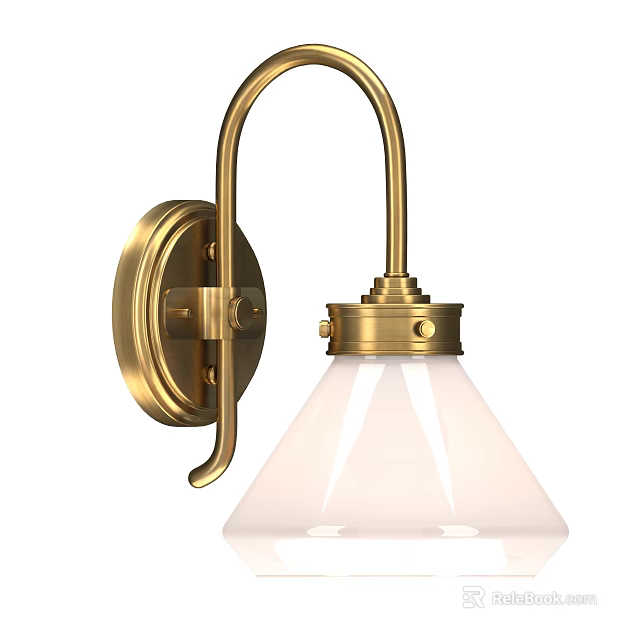 Elegant Brass Wall Sconce with White Glass Shade and Curved Arm Design 3d model 
