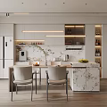 Modern Open Restaurant Kitchen With White Cabinets Marble Island Dining Table And Chairs