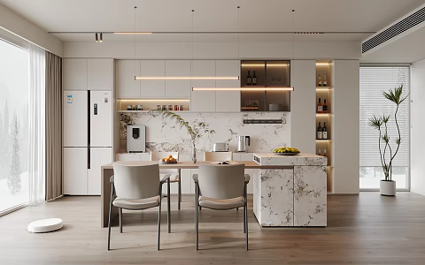 Modern Island Table Restaurant Island Table Dining Chair Green Plant Chandelier Curtain Refrigerator French Refrigerator Direct Drinking Machine Fruit Plate Mobile Socket Red Wine 3d model