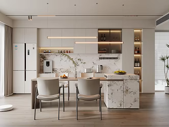 Modern Island Table Restaurant Island Table Dining Chair Green Plant Chandelier Curtain Refrigerator French Refrigerator Direct Drinking Machine Fruit Plate Mobile Socket Red Wine 3d model