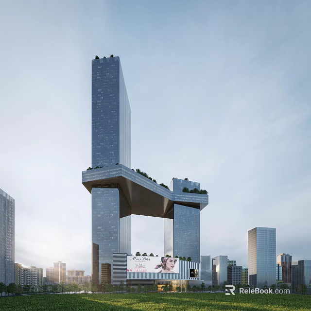Modern Glass Building Facade With Unique Structure And Greenery On Urban Skyline 3d model 