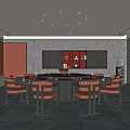 Modern Restaurant Interior Design Featuring Round Table Orange Chairs And Gray Walls 3d model