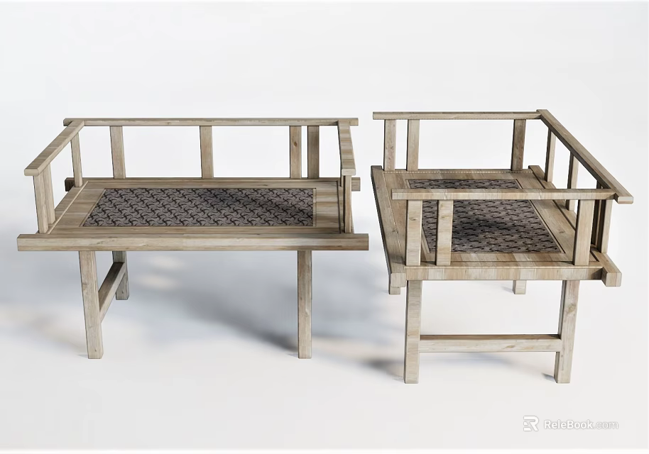 Two Leisure Chairs With Wooden Frame And Woven Seat For Relaxation 3d model 
