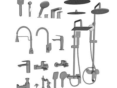 Different Types of Shower Head Components Including Handheld Fixed Designs and Accessories 3d model