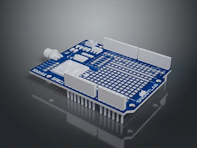 Blue Computer Circuit Board With White Components And Grid Pattern Pins 3d model