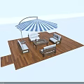Stylish Outdoor Sofa Set On Wooden Deck With Striped Umbrella And Coffee Table
