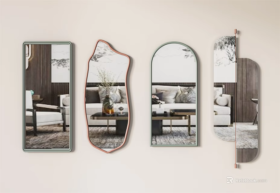 Different Shaped Mirrors Reflecting Living Room Furniture And Decor On Light Wall 3d model 