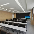 Spacious Conference Room Interior With Rows Of Tables Chairs Mobile Podium Large Windows And Curtains