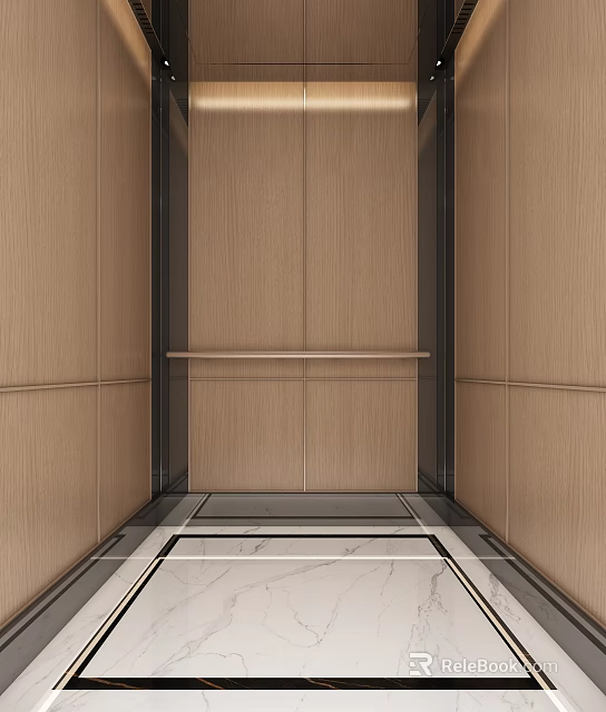 Elevator Interior Design With Wooden Panel Walls And Polished Marble Floor 3d model