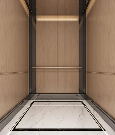 Elevator Interior Design With Wooden Panel Walls And Polished Marble Floor 3d model