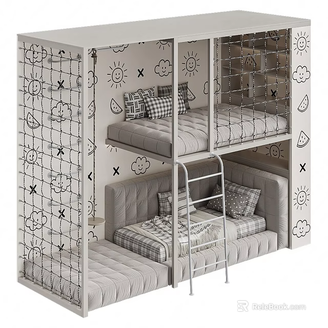 Cute Cartoon Themed Safe Bunk Bed With Protective Net And Sturdy Ladder For Kids Bedroom 3d model 
