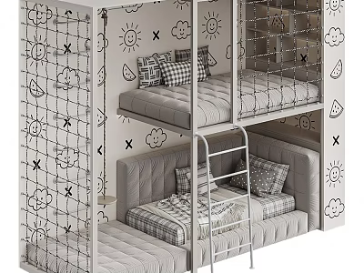 Cute Cartoon Themed Safe Bunk Bed With Protective Net And Sturdy Ladder For Kids Bedroom 3d model
