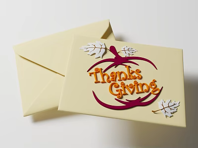 Thanksgiving Interactive Zone Card With Yellow Envelope Apple Design And Leaves Decoration 3d model
