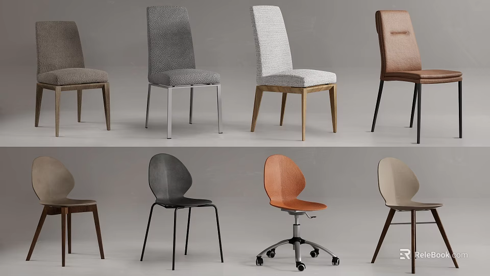 Modern Stylish Dining Chairs With Various Designs Fabric Leather And Wood Elements 3d model