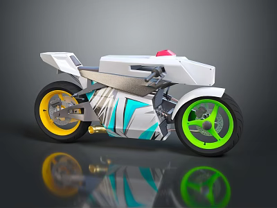 Futuristic White Motorcycle With Red Light Blue Green Accents Yellow Green Rims and Sleek Design 3d model