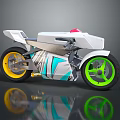 Futuristic White Motorcycle With Red Light Blue Green Accents Yellow Green Rims and Sleek Design