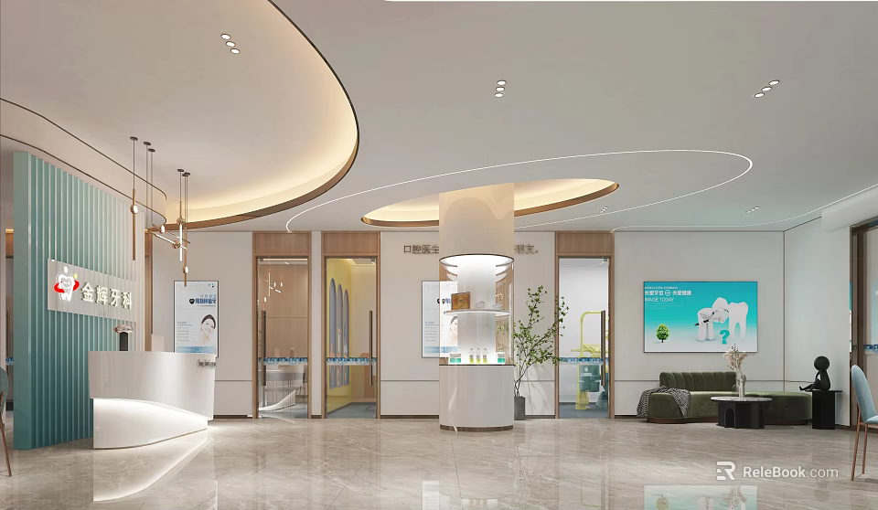Modern Hotel Lobby Interior With Reception Desk Sofa Plants And Ambient Lighting 3d model 