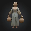 Historical Female Figure In Traditional Costume With White Headscarf Braided Hair Carrying Clay Pots