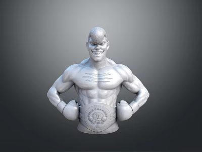 3D Model Of Grinning Muscular Man With Boxing Gloves Championship Belt And Chest Tattoos 3d model