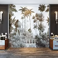 Bedroom Accent Wall With Tropical Palm Trees Mural Architectural Elements And Wall Sconces 3d model