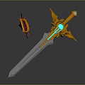 Fantasy Sword With Golden Decoration Glowing Blue Gem And D Emblem