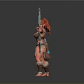 Woman with red hair in tribal warrior outfit holding bow and arrow ready to shoot