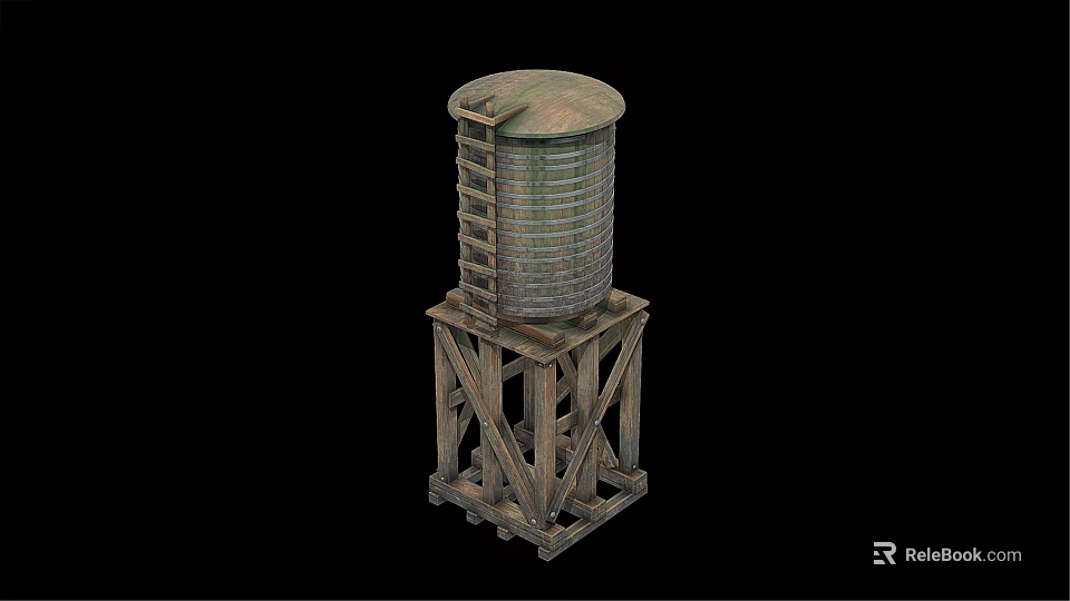 Vintage Metal Water Tower Structure With Wooden Support And Ladder 3d model 