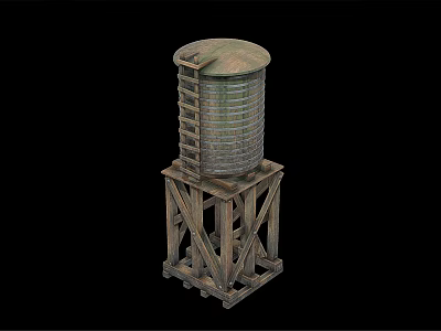 Vintage Metal Water Tower Structure With Wooden Support And Ladder 3d model