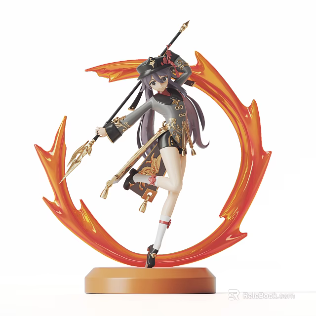 Anime Female Character Figure With Long Dark Hair Holding Spear And Orange Flame Design 3d model 