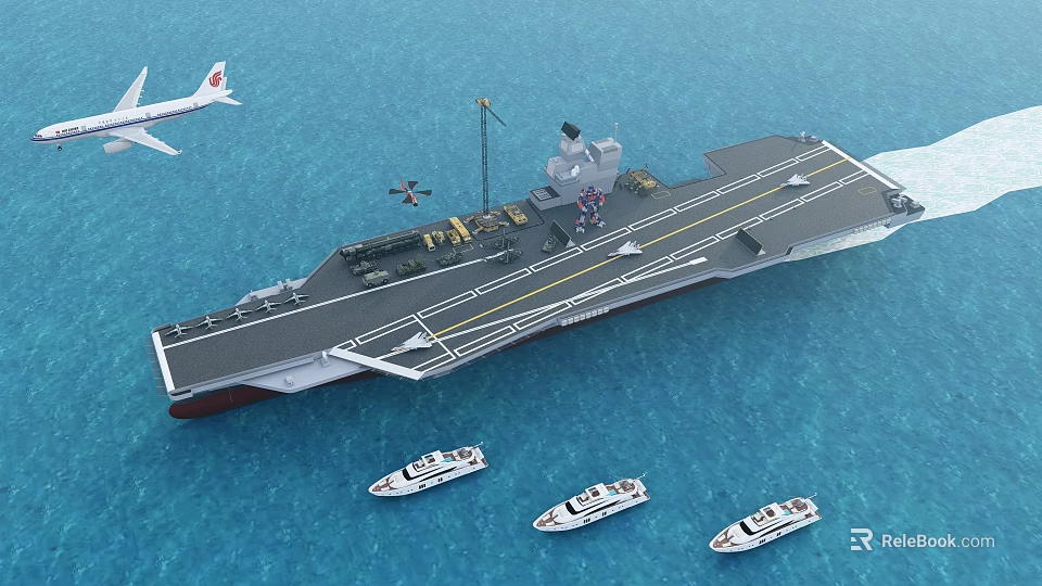 Large Aircraft Carrier Sailing In Ocean With Small Boats And Flying Airplane 3d model 