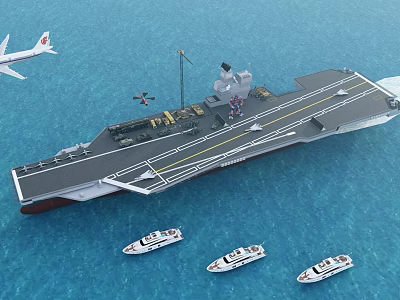 Large Aircraft Carrier Sailing In Ocean With Small Boats And Flying Airplane 3d model