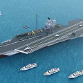 Large Aircraft Carrier Sailing In Ocean With Small Boats And Flying Airplane
