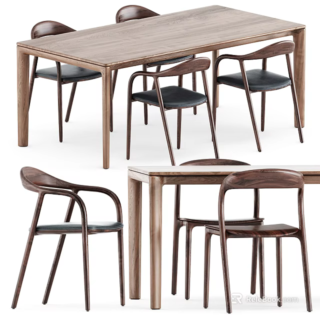 Modern Wooden Dining Table Set With Ergonomic Chairs And Dark Seats 3d model 