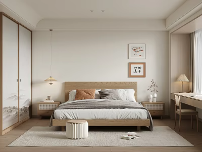 Minimalist Modern Bedroom Interior With Wooden Bed Pillows Bedside Tables Table Lamps And Decorative Paintings 3d model