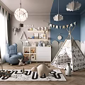 Charming Kids Room Interior With Teepee Blue Armchair And Cloud Lights